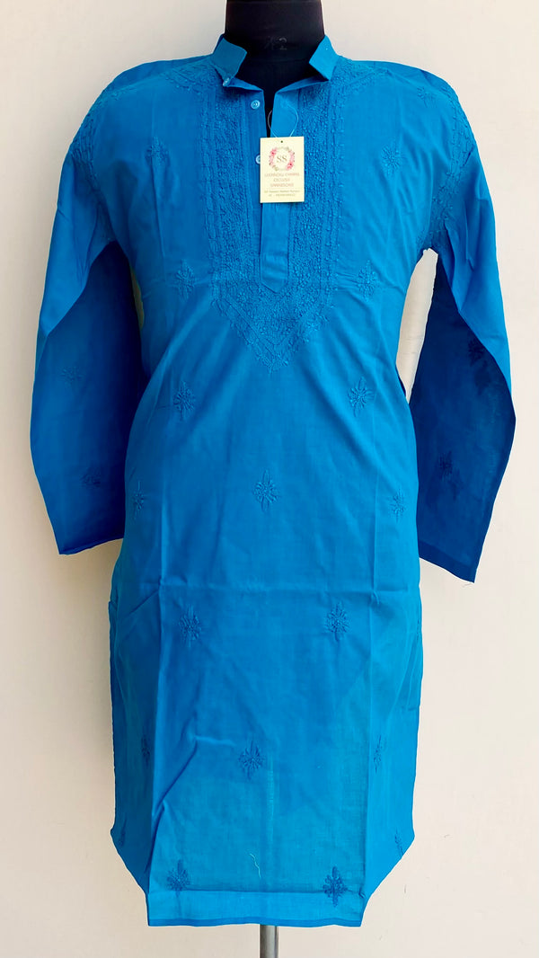 Lucknowi Chikankari Men’s Kurta Blue Cotton With Jaali Work