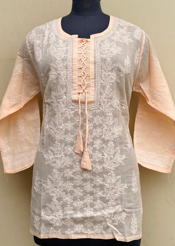 Lucknowi Chikankari Short Kurti Peach Cotton