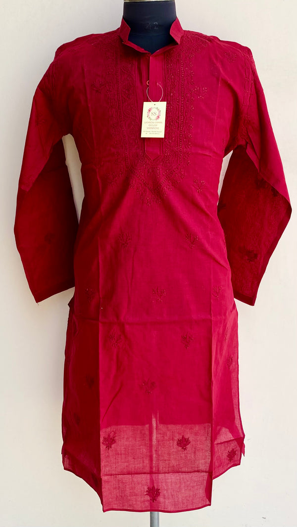 Lucknowi Chikankari Men’s Kurta Maroon Cotton With Jaali Work