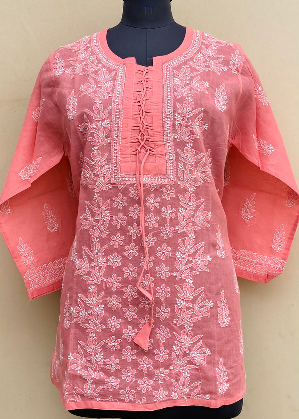 Lucknowi Chikankari Short Kurti Pink Cotton