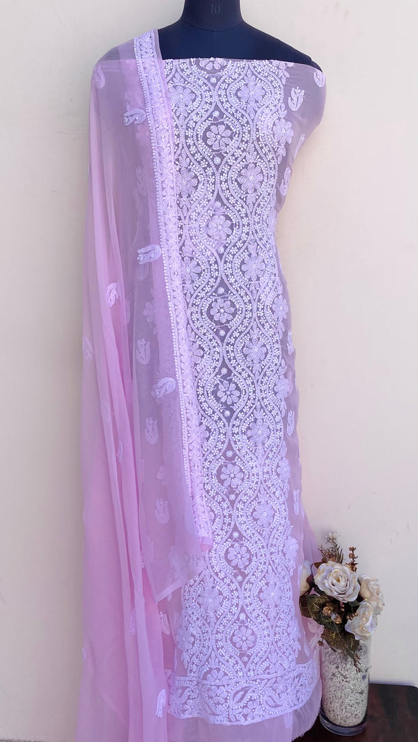 Lucknowi Chikankari Suit Length 3 Piece Pink Georgette