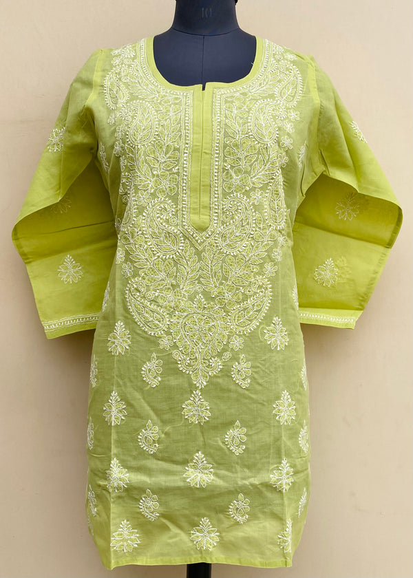 Lucknowi Chikankari Short Kurti Parrot Green Cotton