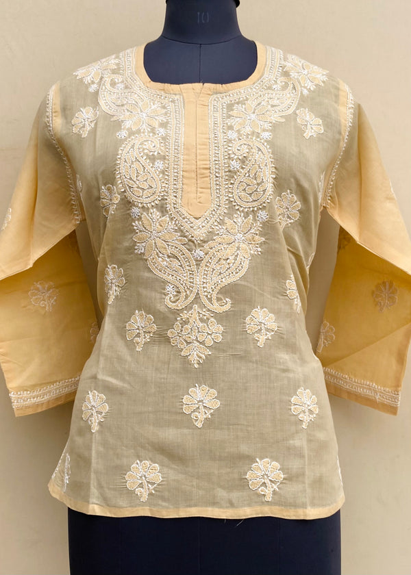 Lucknowi Chikankari Short Kurti Beige Cotton