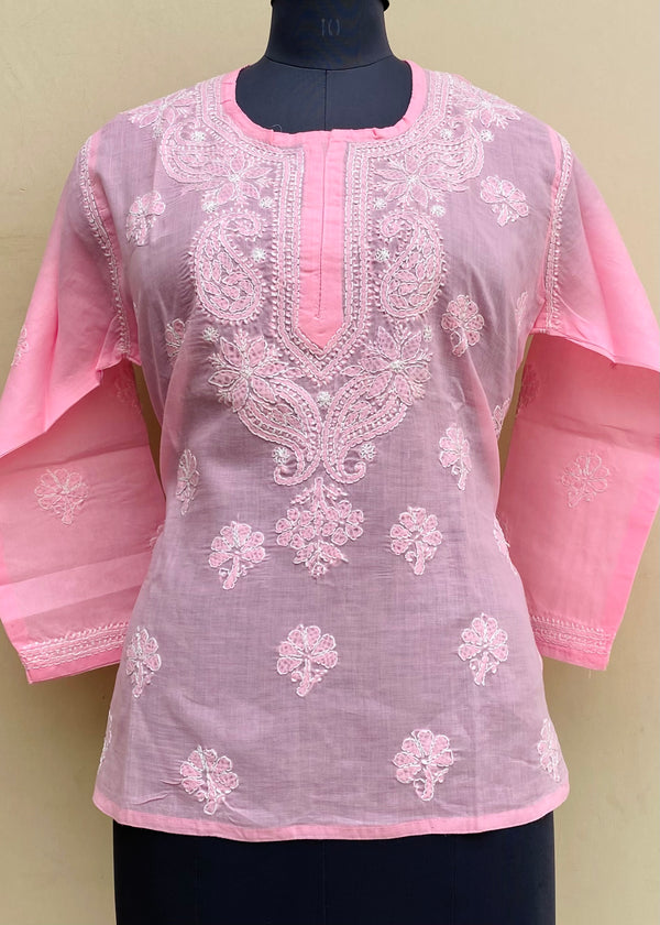 Lucknowi Chikankari Short Kurti Pink Cotton