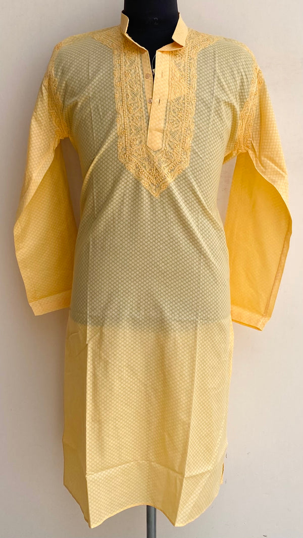Lucknowi Chikankari Men’s Kurta Yellow Cotton With Jaali Work
