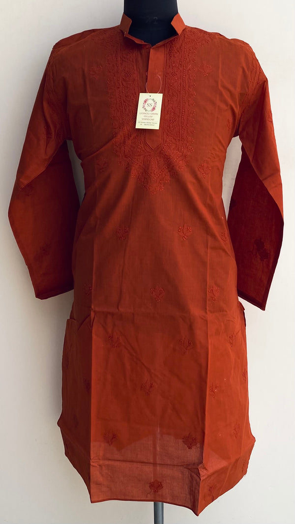 Lucknowi Chikankari Men’s Kurta Rust Cotton With Jaali Work