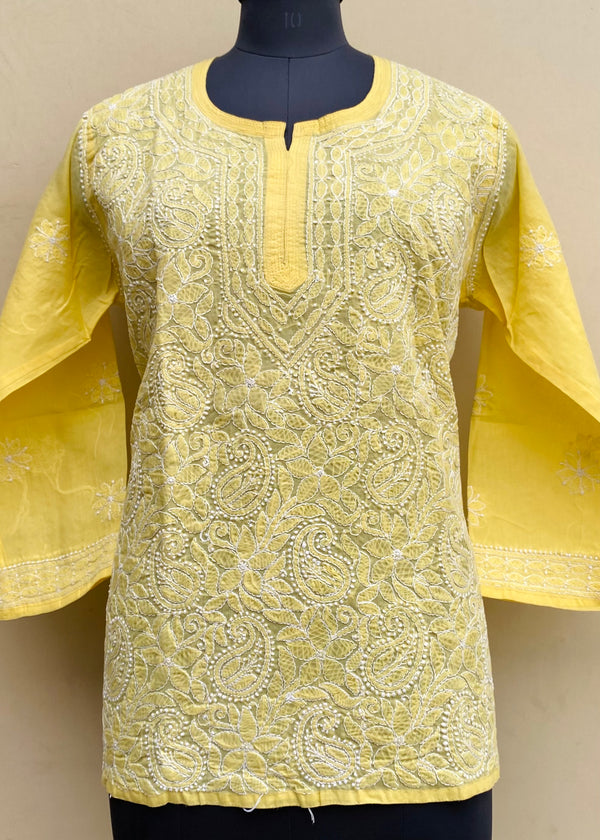 Lucknowi Chikankari Short Kurti Yellow Cotton