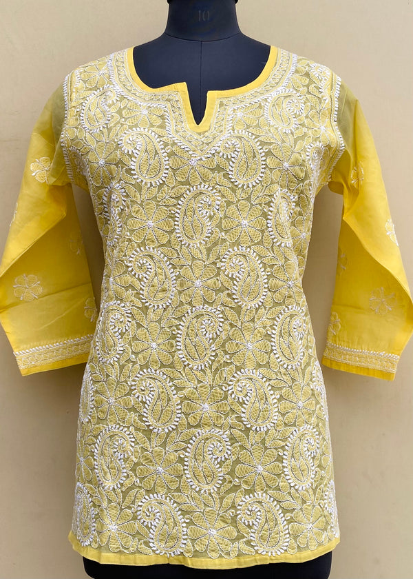 Lucknowi Chikankari Short Kurti Yellow Cotton