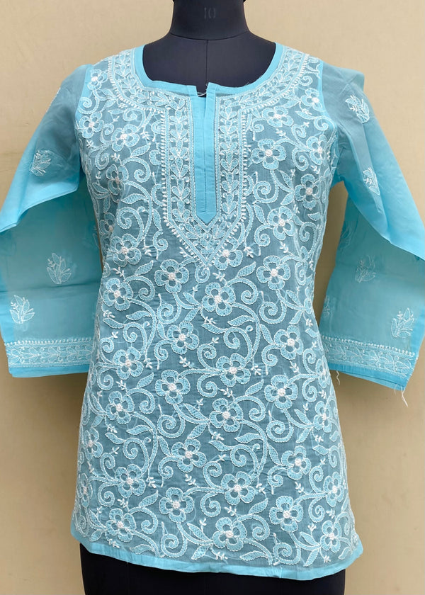 Lucknowi Chikankari Short Kurti Blue Cotton