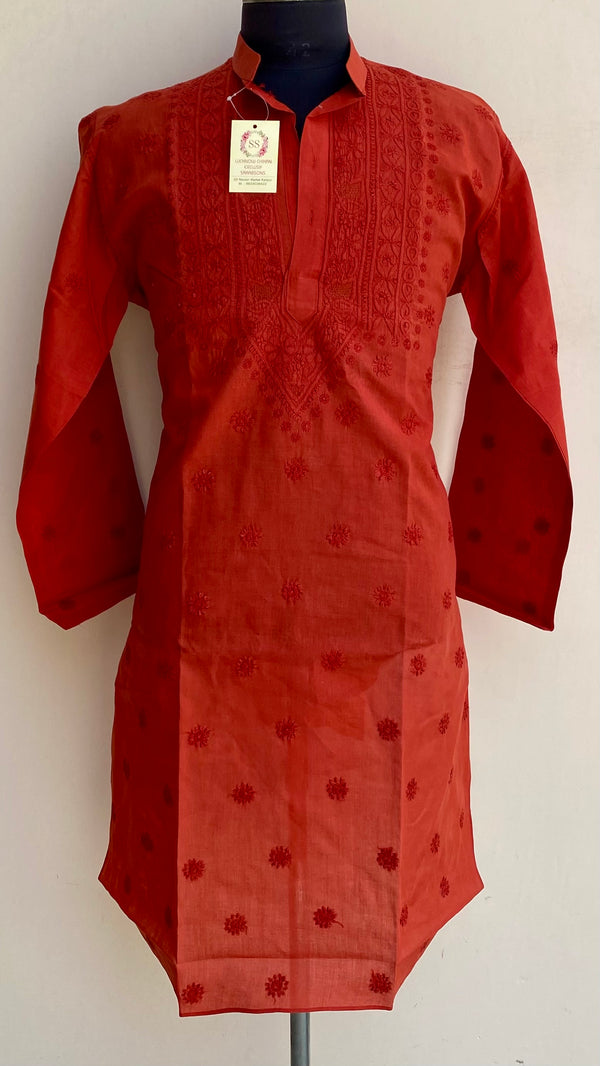 Lucknowi Chikankari Men’s Kurta Rust Cotton With Jaali Work