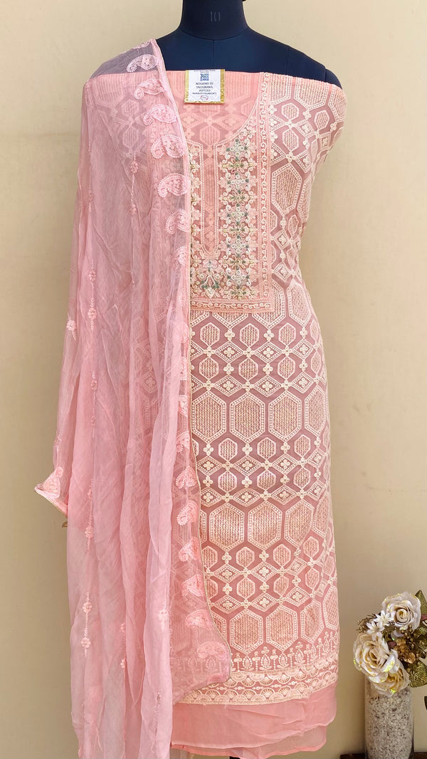 Chikankari Suit Length 3 Piece Pink Georgette With Cutdana, Pearl & Sequence Work