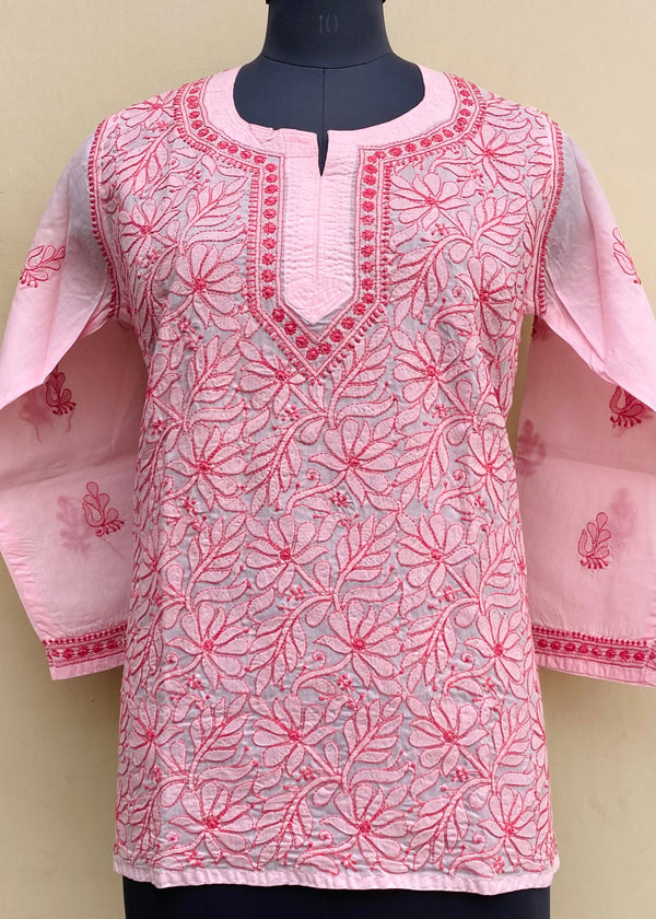 Lucknowi Chikankari Short Kurti Pink Cotton