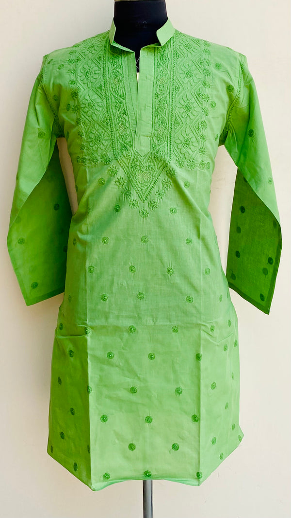 Lucknowi Chikankari Men’s Kurta Green Cotton With Jaali Work