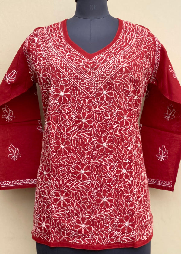 Lucknowi Chikankari Short Kurti Maroon Cotton