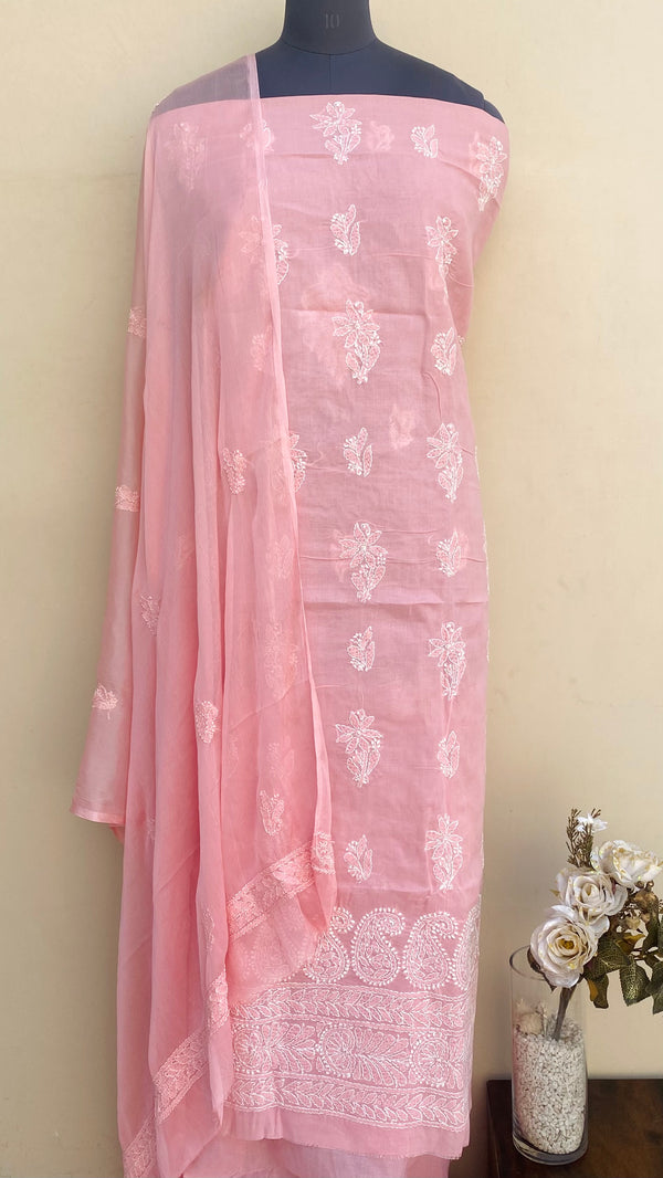 Lucknowi Chikankari Suit Length 3 Piece Pink Cotton