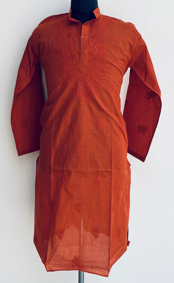 Lucknowi Chikankari Men’s Kurta Rust Cotton With Jaali Work