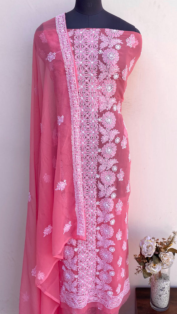 Lucknowi Chikankari Suit Length 3 Piece Gajri Georgette