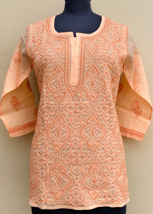 Lucknowi Chikankari Short Kurti Peach Cotton