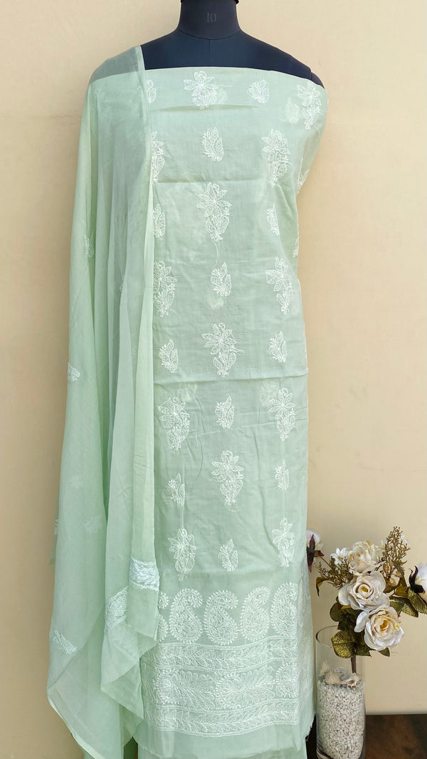 Lucknowi Chikankari Suit Length 3 Piece Teal Green Cotton