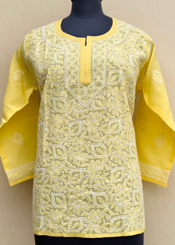 Lucknowi Chikankari Short Kurti Yellow Cotton