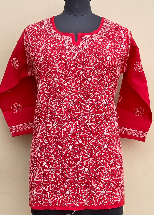 Lucknowi Chikankari Short Kurti Red Cotton