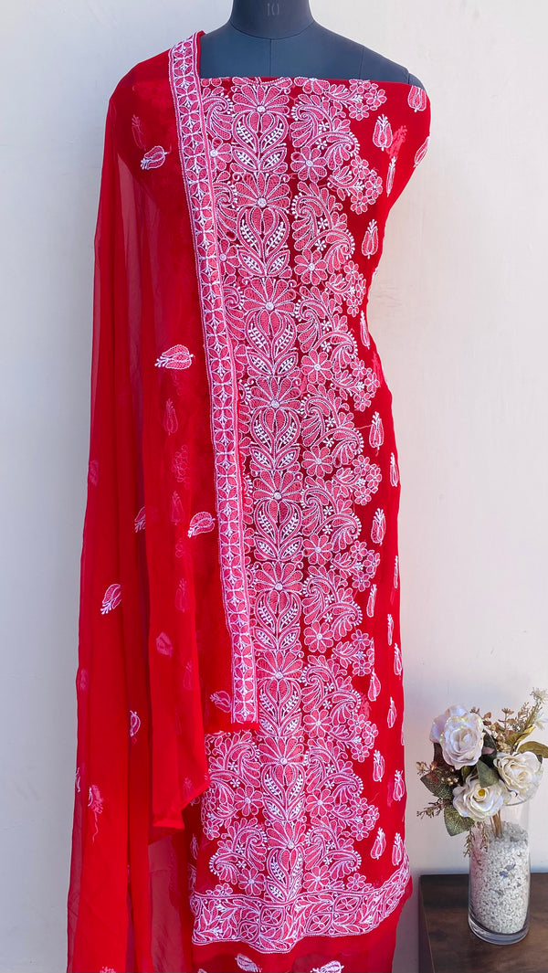 Lucknowi Chikankari Suit Length 3 Piece Red Georgette