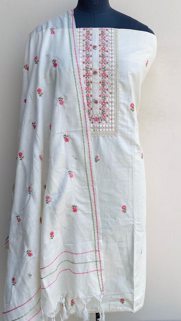 Designer Embroidered Suit Length 3 Piece Off White Mal Cotton With Sequence Work