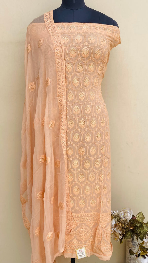 Chikankari Suit Length 3 Piece Peach Georgette With Sequence Work