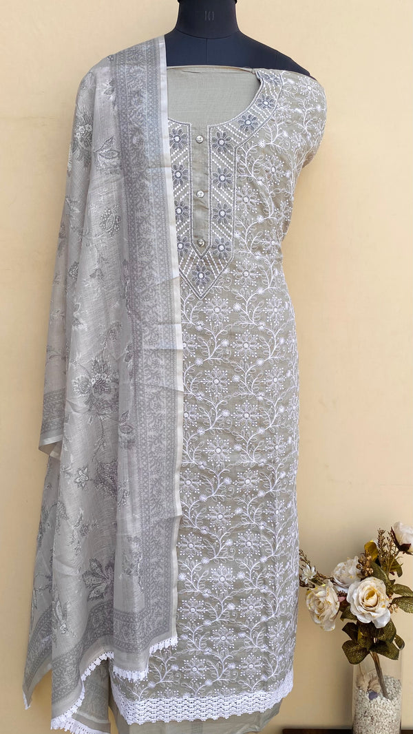 Designer Embroidered Suit 3 Piece Gray Linen