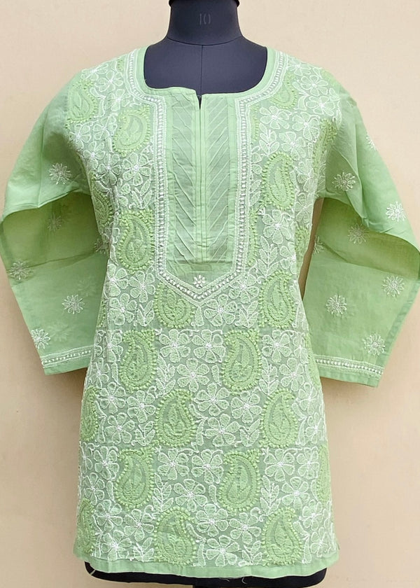 Lucknowi Chikankari Short Kurti Teal Green Cotton