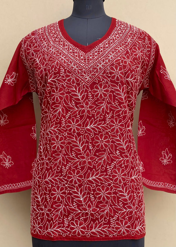 Lucknowi Chikankari Short Kurti Maroon Cotton