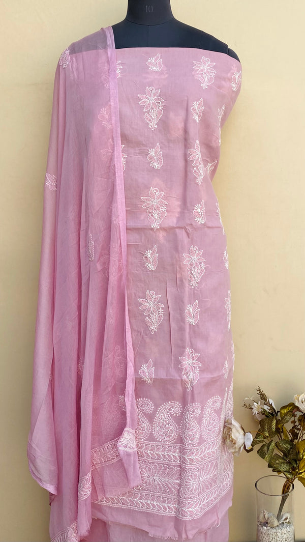 Lucknowi Chikankari Suit Length 3 Piece Pink Cotton