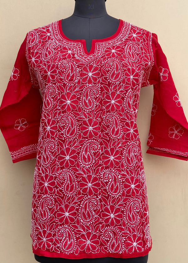 Lucknowi Chikankari Short Kurti Red Cotton