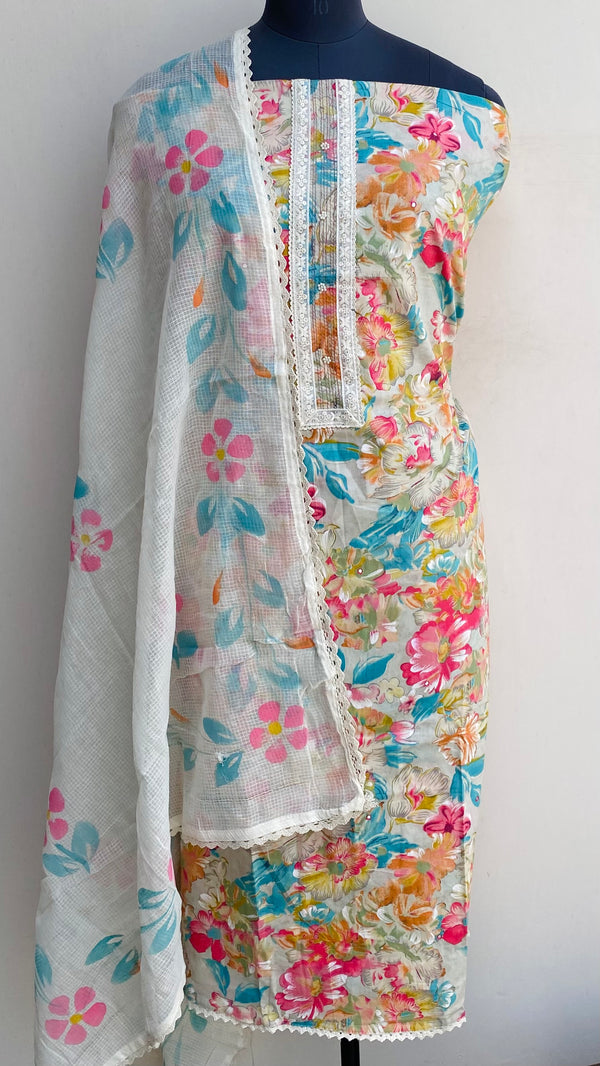 Designer Embroidered Suit Length 3 Piece Multicolour Mal Cotton With Sequence & Pearl Work