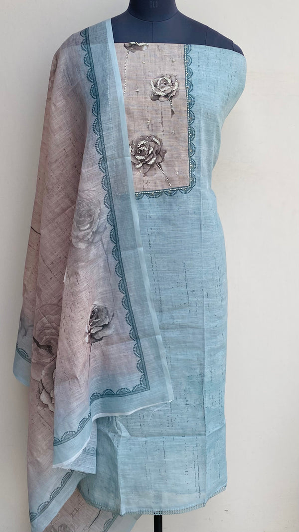 Designer Embroidered Suit Length 3 Piece Gray Linen With Sequence & Pearl Work