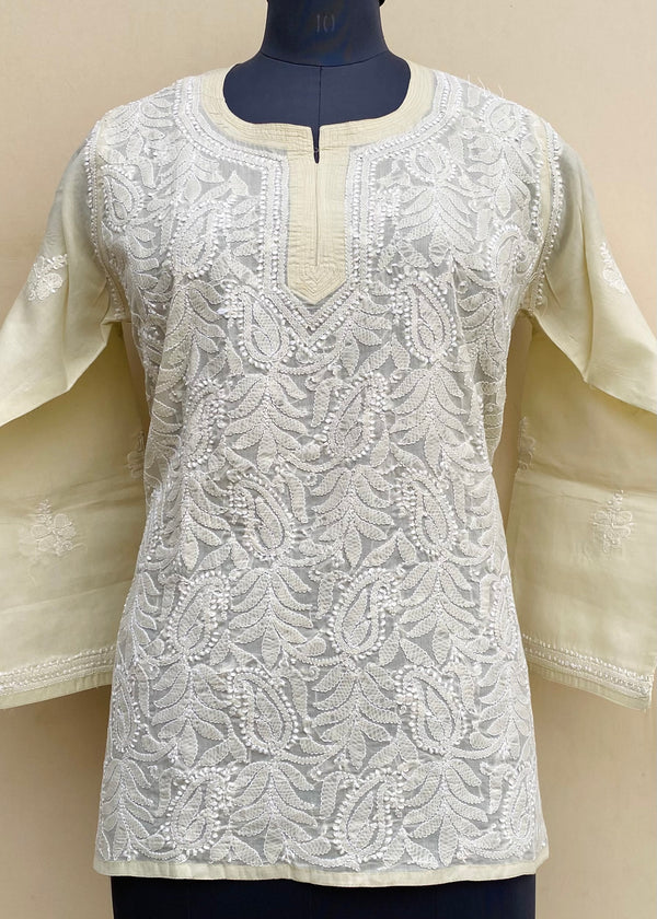 Lucknowi Chikankari Short Kurti Cream Cotton