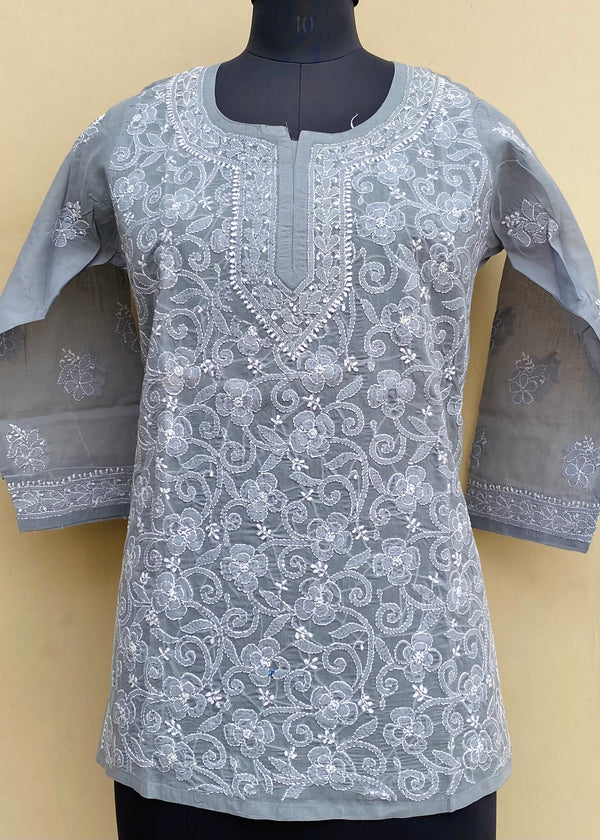 Lucknowi Chikankari Short Kurti Gray Cotton