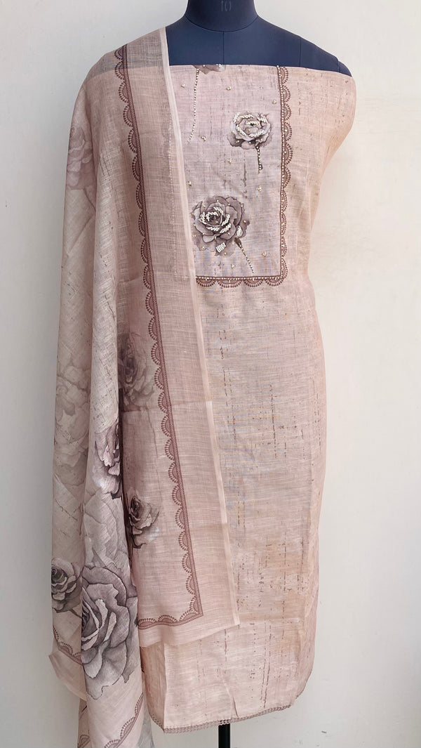 Designer Embroidered Suit Length 3 Piece Beige Linen With Sequence & Pearl Work
