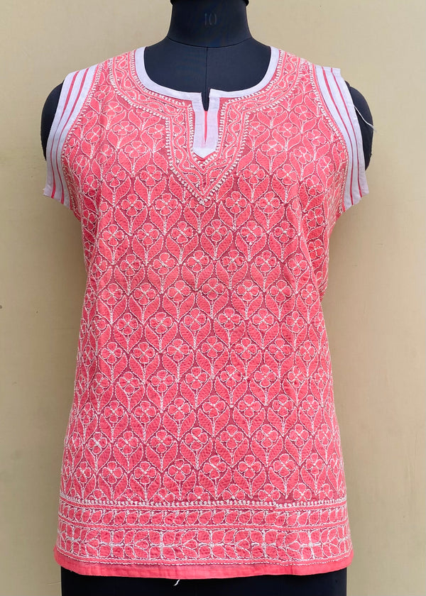 Lucknowi Chikankari Short Kurti Pink Cotton