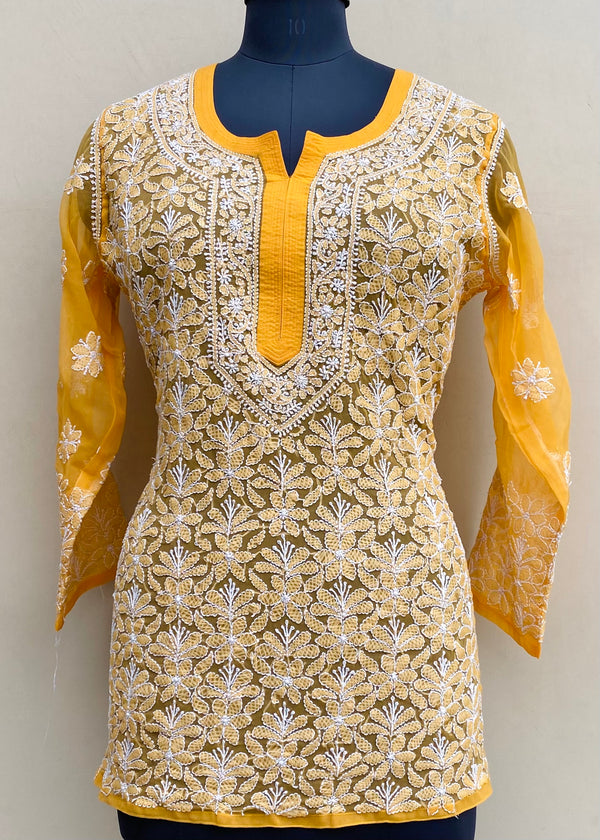 Lucknowi Chikankari Short Kurti Mustard Georgette