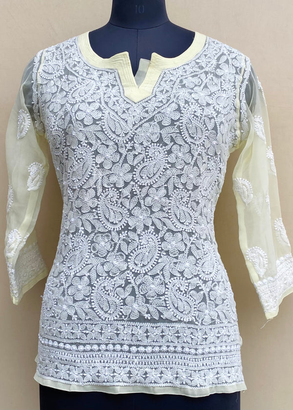 Lucknowi Chikankari Short Kurti Lemon Yellow Georgette