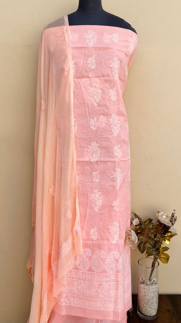 Lucknowi Chikankari Suit Length 3 Piece Peach Cotton