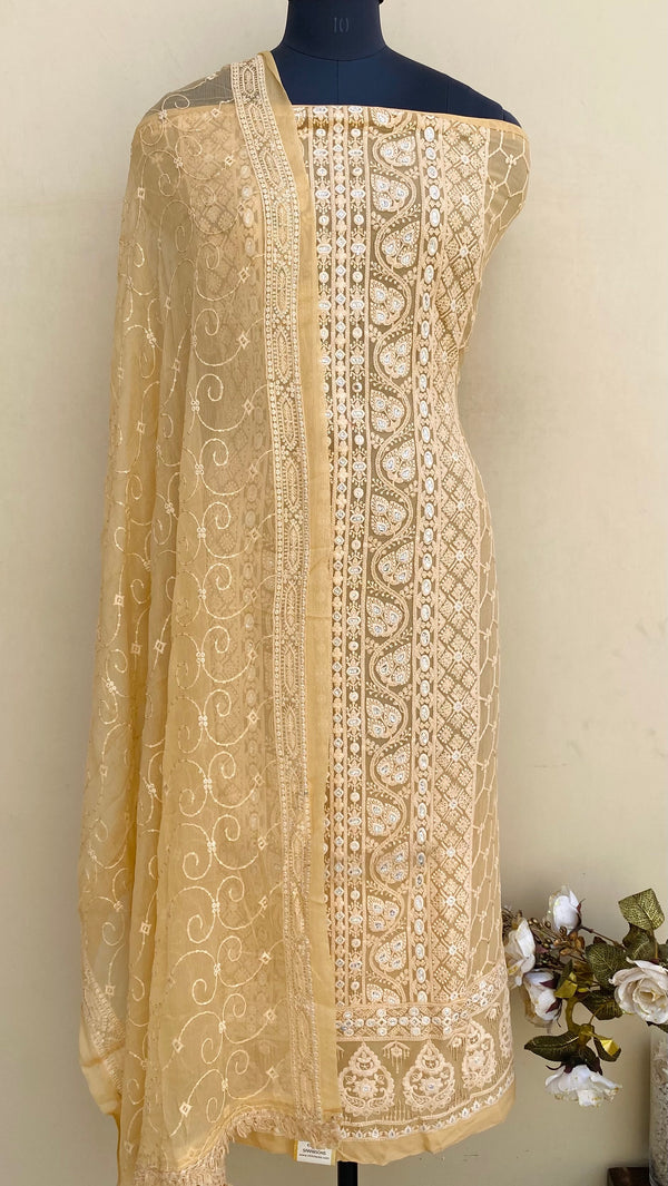 Chikankari Suit Length 3 Piece Peach Georgette With Sequence Work