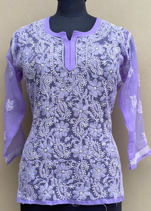 Lucknowi Chikankari Short Kurti Purple Georgette