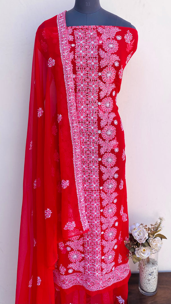 Lucknowi Chikankari Suit Length 3 Piece Red Georgette