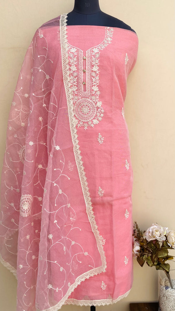 Designer Embroidered Suit Length 3 Piece Pink Kota