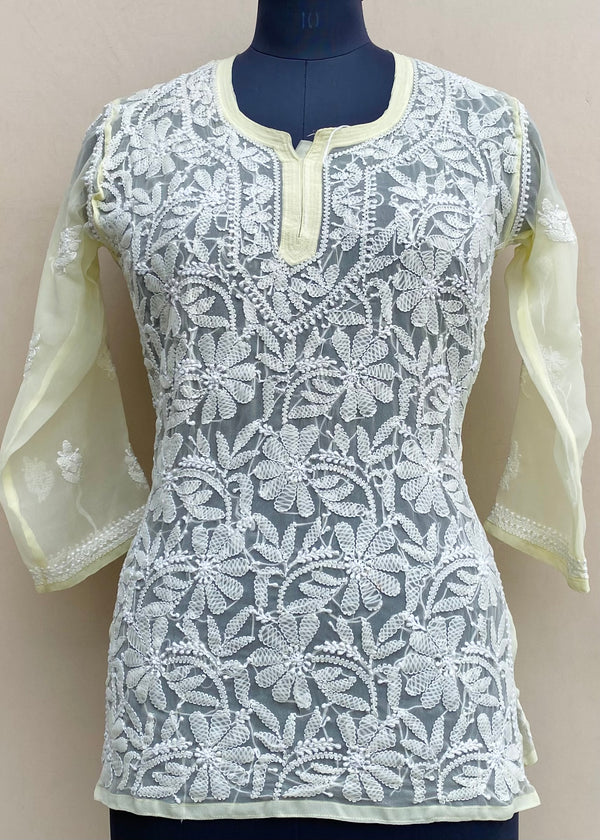 Lucknowi Chikankari Short Kurti Lemon Yellow Georgette