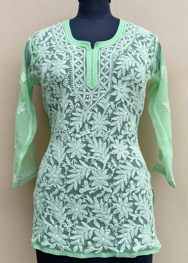 Lucknowi Chikankari Short Kurti Parrot Green Georgette