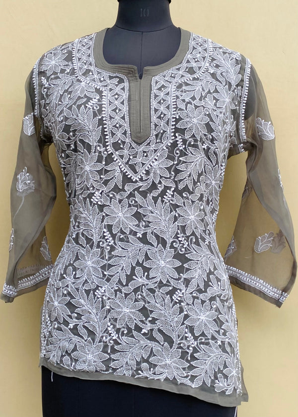 Lucknowi Chikankari Short Kurti Gray Georgette