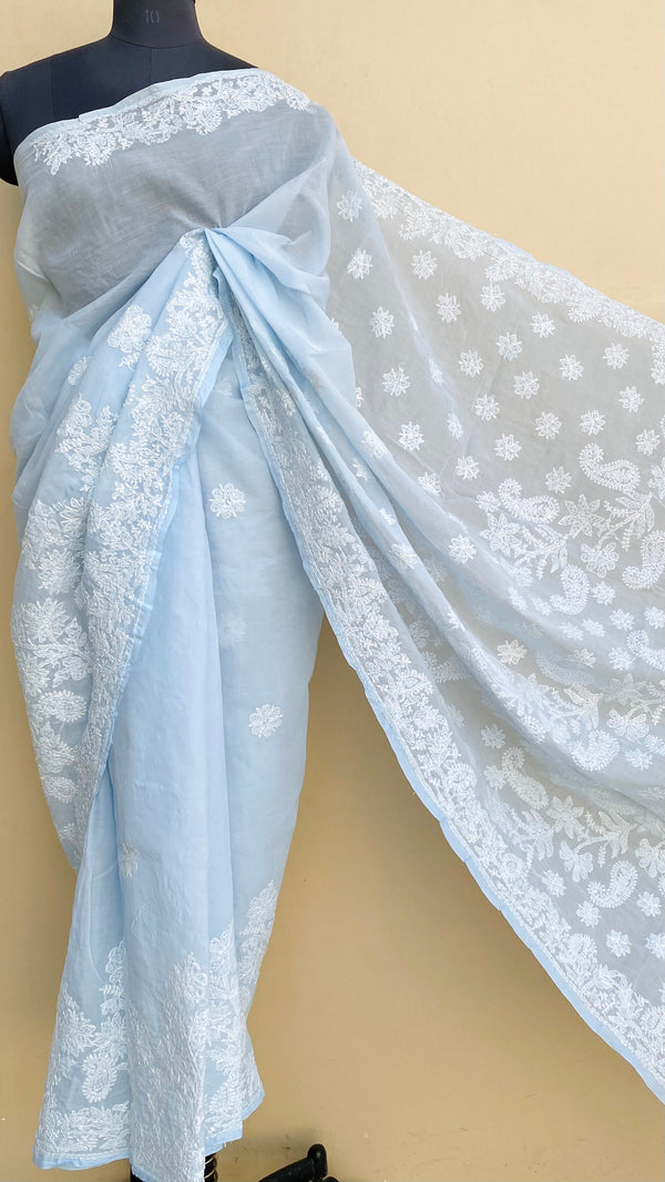 Lucknowi Chikankari Saree Powder Blue Cotton